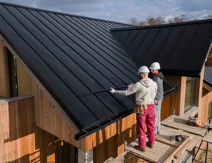 Two construction workers in helmets installing or inspecting black metal roof panels on a wooden structure.
