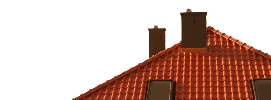 Orange tiled roof with two chimneys and two skylight windows under sunlight.