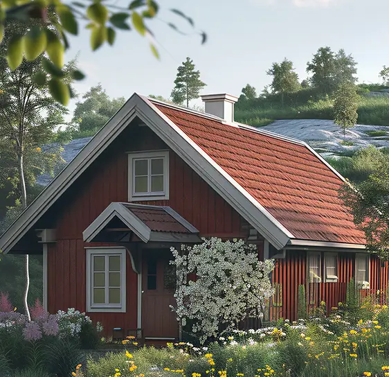 Red wooden house with a steep tiled roof surrounded by trees and wildflowers in a green landscape.