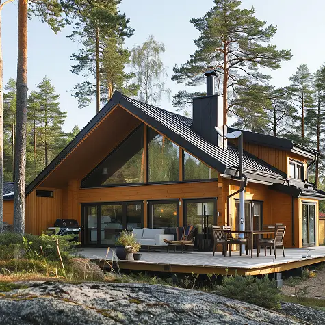 Modern wooden house with large glass windows and outdoor seating, surrounded by tall pine trees.
