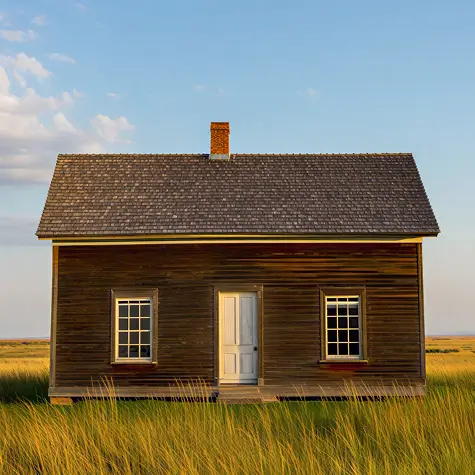 Small wooden house with white door and windows in a grassy plain under blue sky.