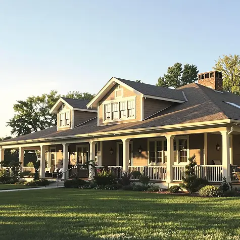 Large house with wide front porch, dormer windows, and greenery under clear blue sky.