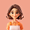 Smiling animated woman with short brown hair wearing an orange strapless top.